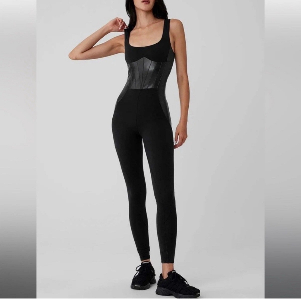 ALO Yoga Black Leather Fitted Corset Jumpsuit, One Piece, Size M - Picture 1 of 6